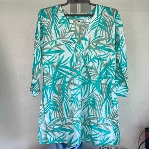 Green tropical print 3/4 sleeved shirt dress